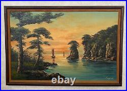 Vtg signed SONG K oil painting canvas board asian seascape boats 36 x 24