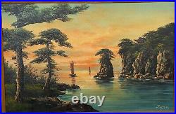 Vtg signed SONG K oil painting canvas board asian seascape boats 36 x 24