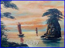 Vtg signed SONG K oil painting canvas board asian seascape boats 36 x 24