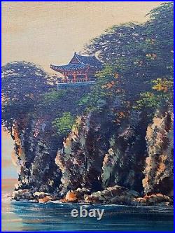 Vtg signed SONG K oil painting canvas board asian seascape boats 36 x 24