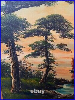 Vtg signed SONG K oil painting canvas board asian seascape boats 36 x 24