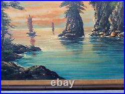 Vtg signed SONG K oil painting canvas board asian seascape boats 36 x 24