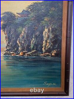 Vtg signed SONG K oil painting canvas board asian seascape boats 36 x 24