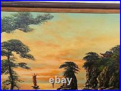 Vtg signed SONG K oil painting canvas board asian seascape boats 36 x 24