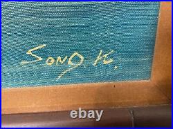 Vtg signed SONG K oil painting canvas board asian seascape boats 36 x 24