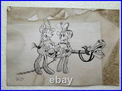 WALT DISNEY drawing and painting on old paper signed stamped vintage