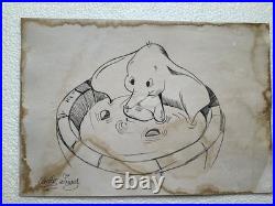WALT DISNEY drawing and painting on old paper signed stamped vintage