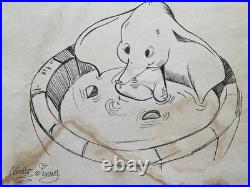 WALT DISNEY drawing and painting on old paper signed stamped vintage