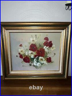 WARREN EDWARDS, COLORFUL VINTAGE FLORAL FLOWERS BOUQUET, SIGNED OIL CANVAS 70s