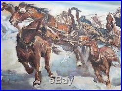 WILD WEST Original Vintage Western Oil Painting Stagecoach Ambush Signed Impasto