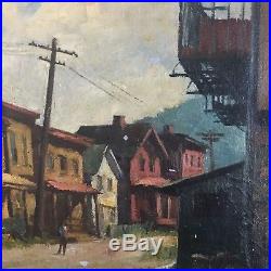 WPA Era Artist Signed Vintage Street Scene Original Oil Painting industrial