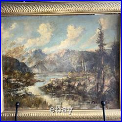 Western Oil Vintage Painting Mountain Water Rocks Landscape Original Art Signed
