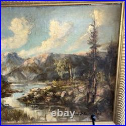 Western Oil Vintage Painting Mountain Water Rocks Landscape Original Art Signed