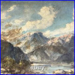 Western Oil Vintage Painting Mountain Water Rocks Landscape Original Art Signed