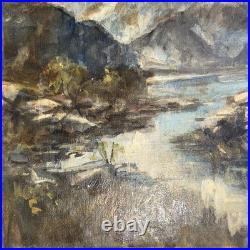 Western Oil Vintage Painting Mountain Water Rocks Landscape Original Art Signed
