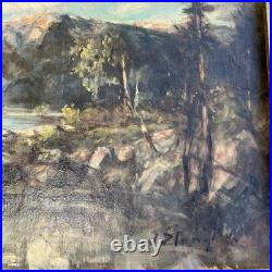 Western Oil Vintage Painting Mountain Water Rocks Landscape Original Art Signed