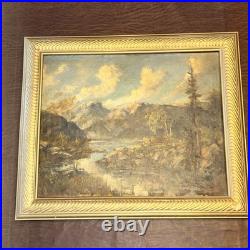 Western Oil Vintage Painting Mountain Water Rocks Landscape Original Art Signed