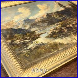 Western Oil Vintage Painting Mountain Water Rocks Landscape Original Art Signed