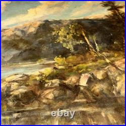 Western Oil Vintage Painting Mountain Water Rocks Landscape Original Art Signed