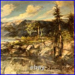 Western Oil Vintage Painting Mountain Water Rocks Landscape Original Art Signed