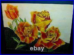 Yellow Roses Green Field OLD VINTAGE ORIGINAL Signed B Drennan Pastel Art FRAMED