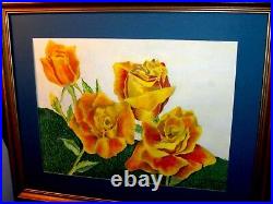 Yellow Roses Green Field OLD VINTAGE ORIGINAL Signed B Drennan Pastel Art FRAMED