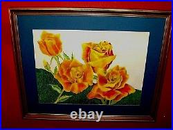 Yellow Roses Green Field OLD VINTAGE ORIGINAL Signed B Drennan Pastel Art FRAMED