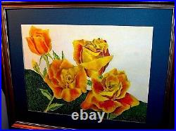 Yellow Roses Green Field OLD VINTAGE ORIGINAL Signed B Drennan Pastel Art FRAMED