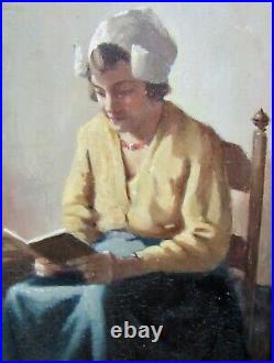Young Dutch Girl Reading a Book Interior Scene Evert Jan Ligtelijn Oil on Panel
