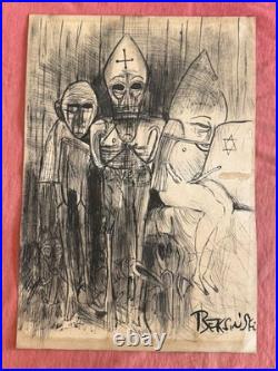 Zdzislaw Beksinski painting and drawing on old paper signed stamped vintage